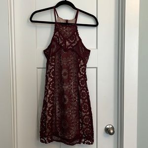 Francesca’s wine lace, lined dress  Small. NWT sleeveless spaghetti straps.
